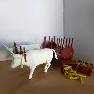 Carro de boi com dois bois e caixote com espigas de milho